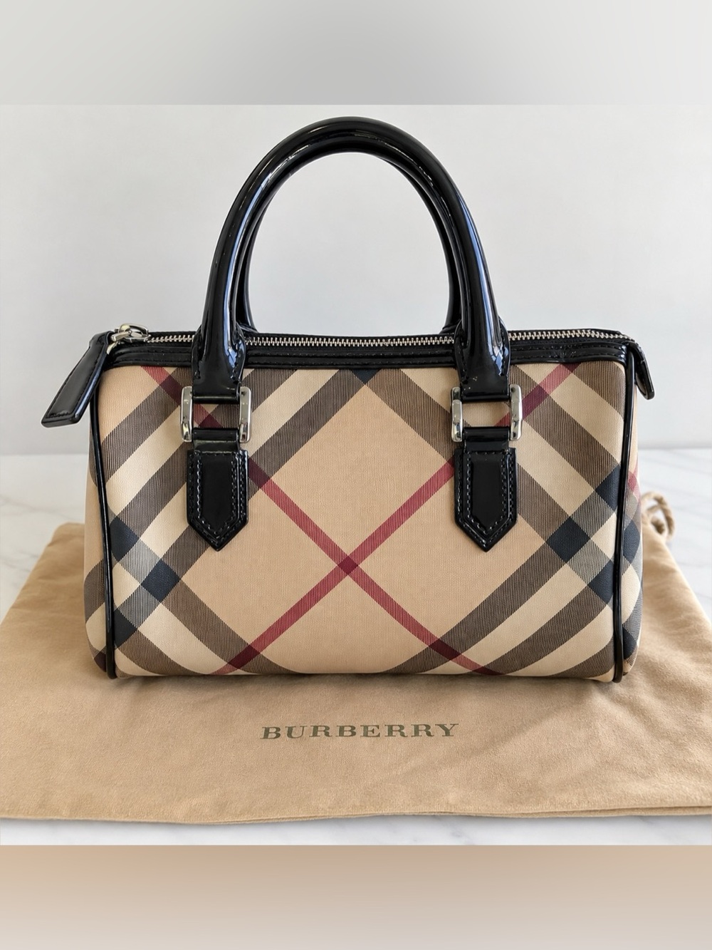 Burberry Nova Check Boston Bag Black Patent Leather Trim + Dust Bag